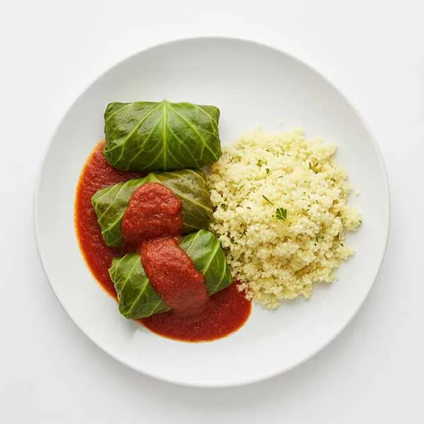 Savory Beef-Stuffed Cabbage Parcels with Sun-Roasted Tomato Sauce & Lemon Couscous